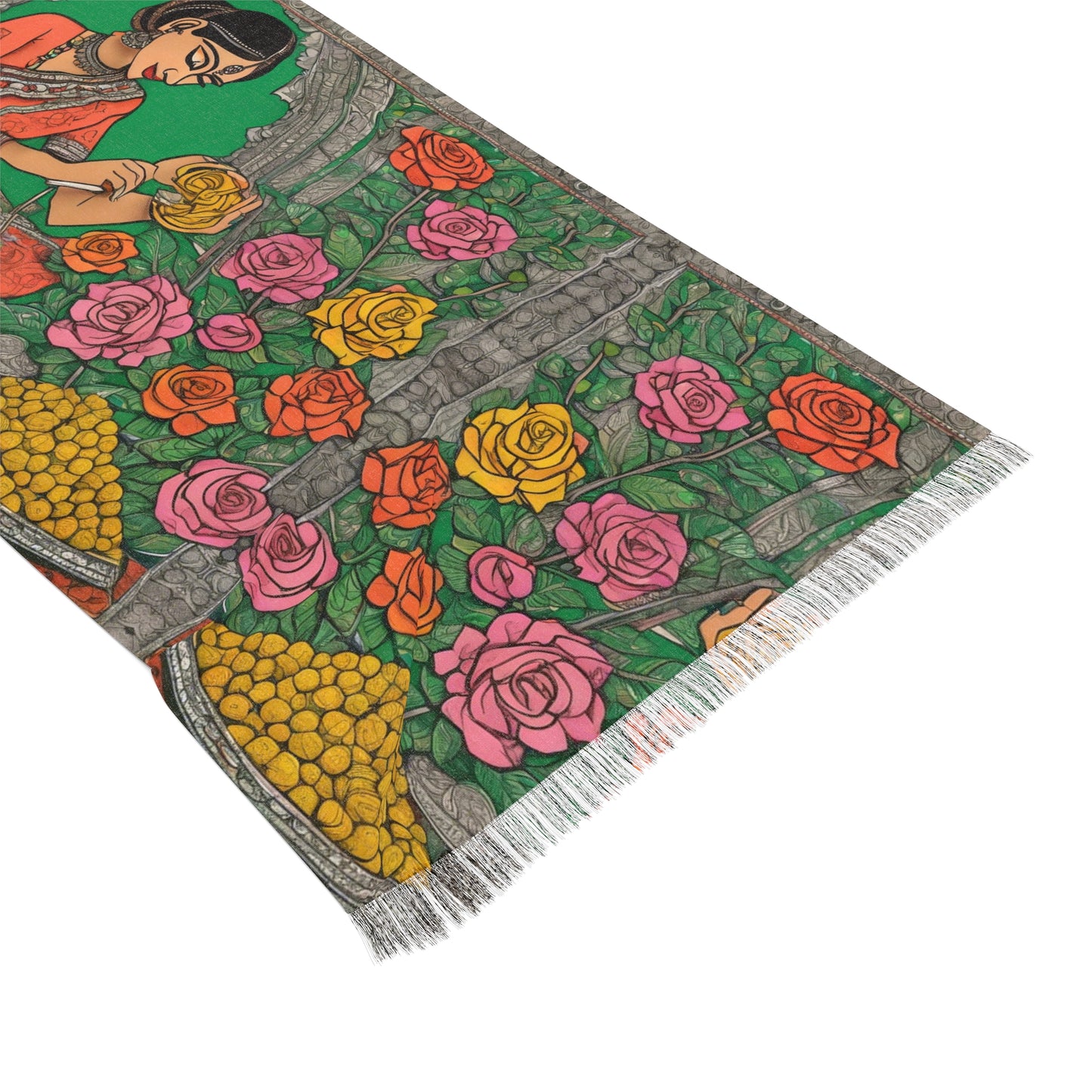 Woman Arranging Flowers Kalamkari Painting – Light Scarf (27x71 in) | Artloom Gallery