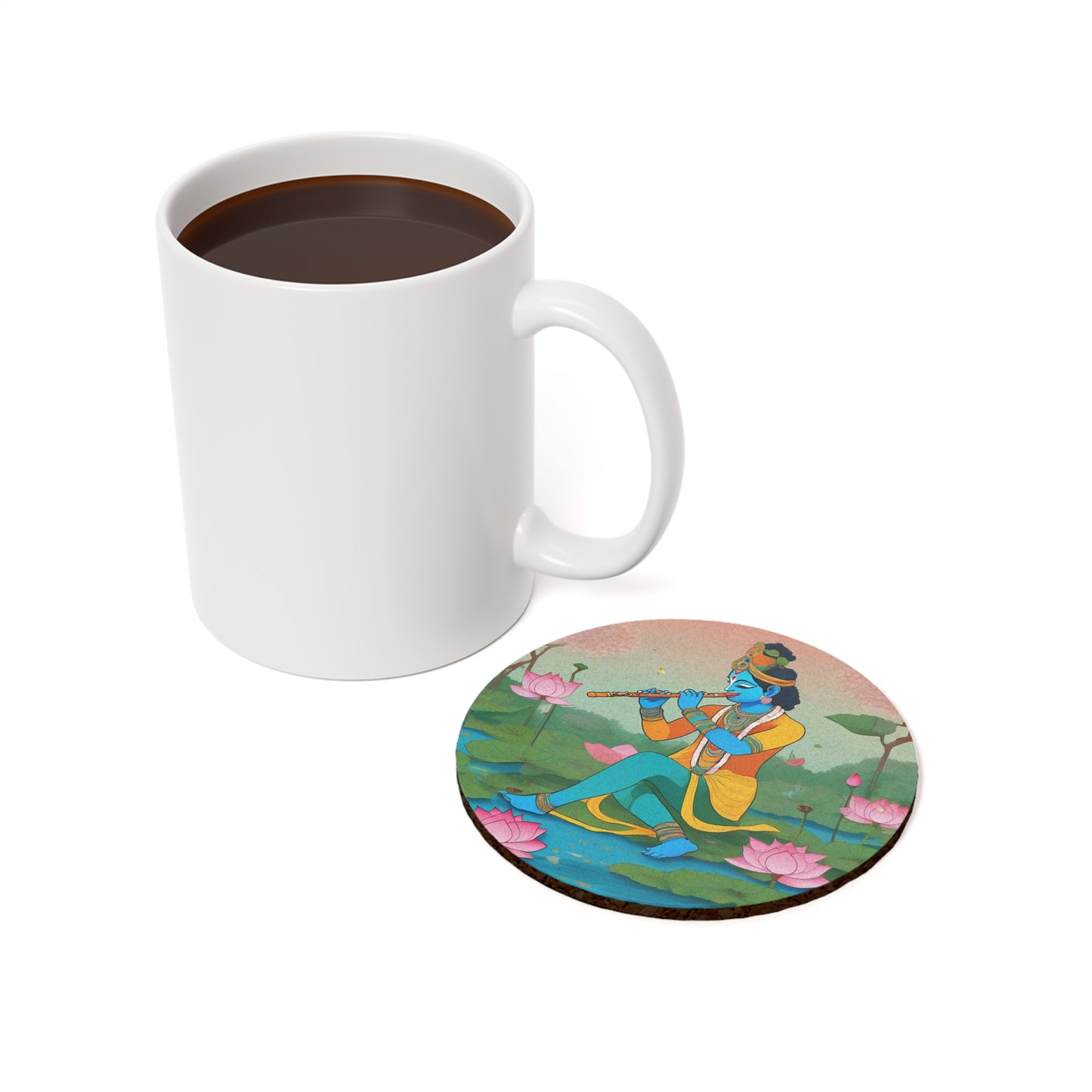Krishna’s Lotus Pond – Pichwai Coaster Set (Square & Round) | Artloom Gallery