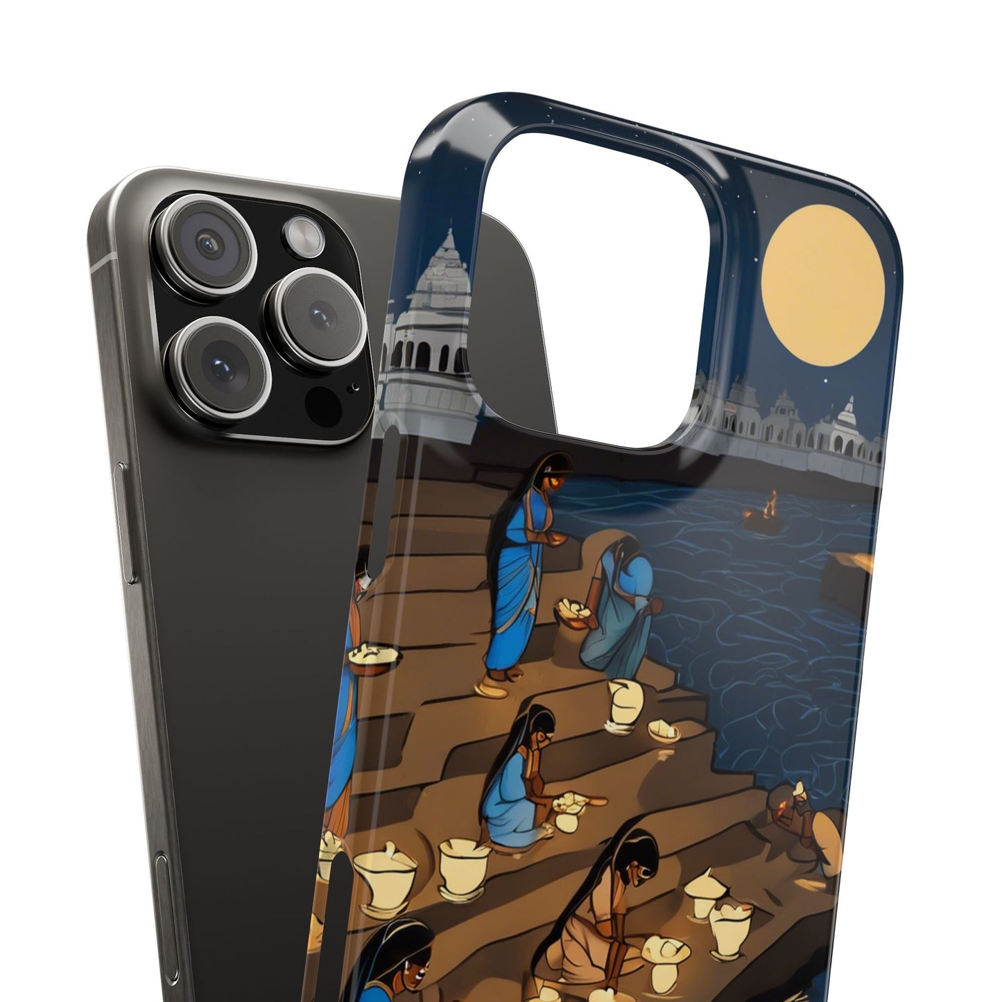 River Ghat on a Full Moon Night Slim Phone Case | Artloom Gallery