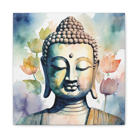 Serene Buddha Face with Lotus Petals, Watercolor Zen Decor | Artloom Gallery