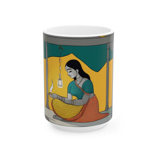 Diwali Celebration Mug – Girl Lighting a Diya Artwork (11oz/15oz) | Artloom Gallery