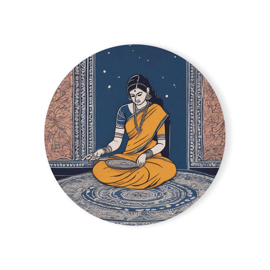 Woman Making Kolam Design – Kalamkari Coaster Set (Square & Round) | Artloom Gallery