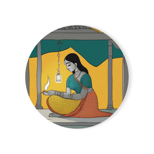 Diwali Diya – Madhubani Coaster Set (Square & Round) | Artloom Gallery