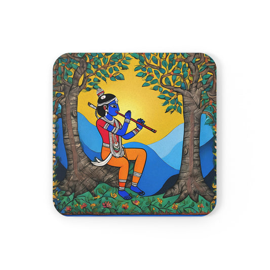 Madhubani Krishna Playing Flute – Coaster Set (Square & Round) | Artloom Gallery
