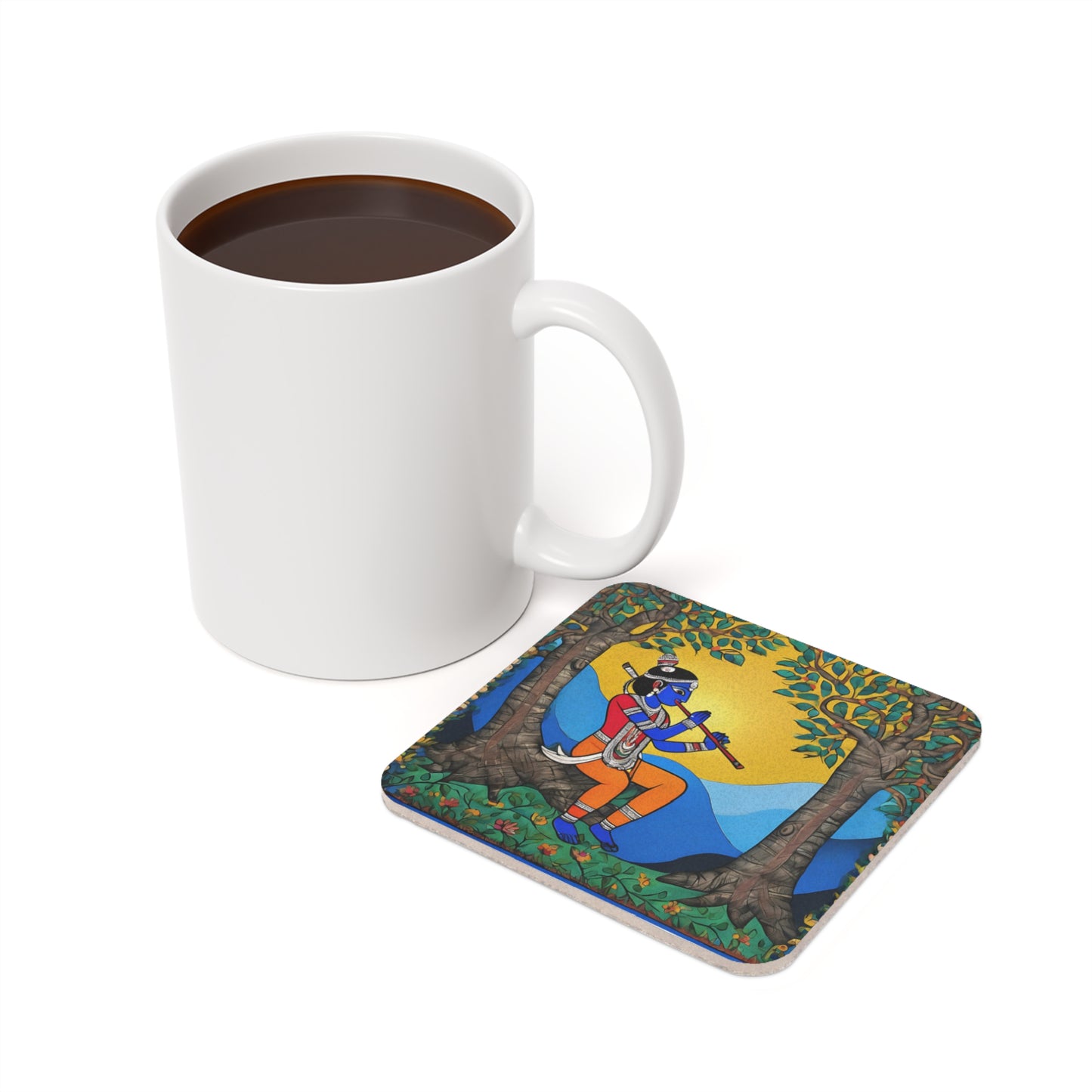 Madhubani Krishna Playing Flute – Coaster Set (Square & Round) | Artloom Gallery