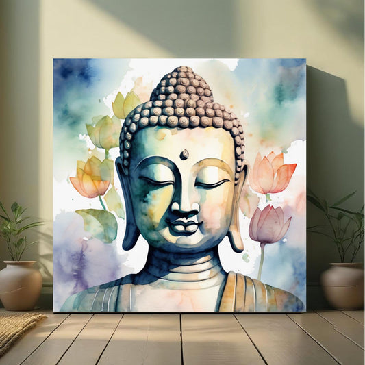 Serene Buddha Face with Lotus Petals, Watercolor Zen Decor | Artloom Gallery