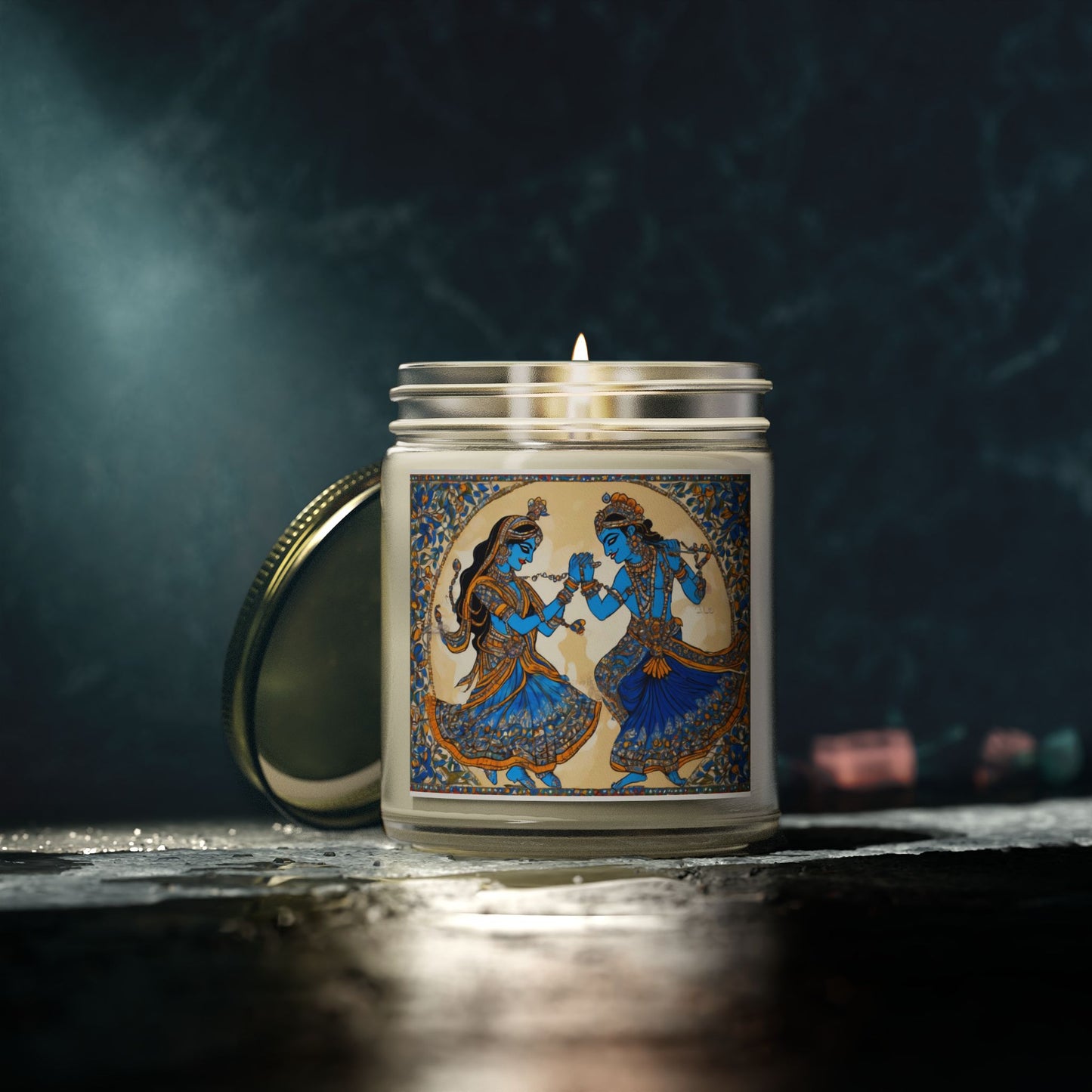 Dancing Radha Krishna - Kalamkari Art Scented Candle (4oz, 9oz) | Artloom Gallery