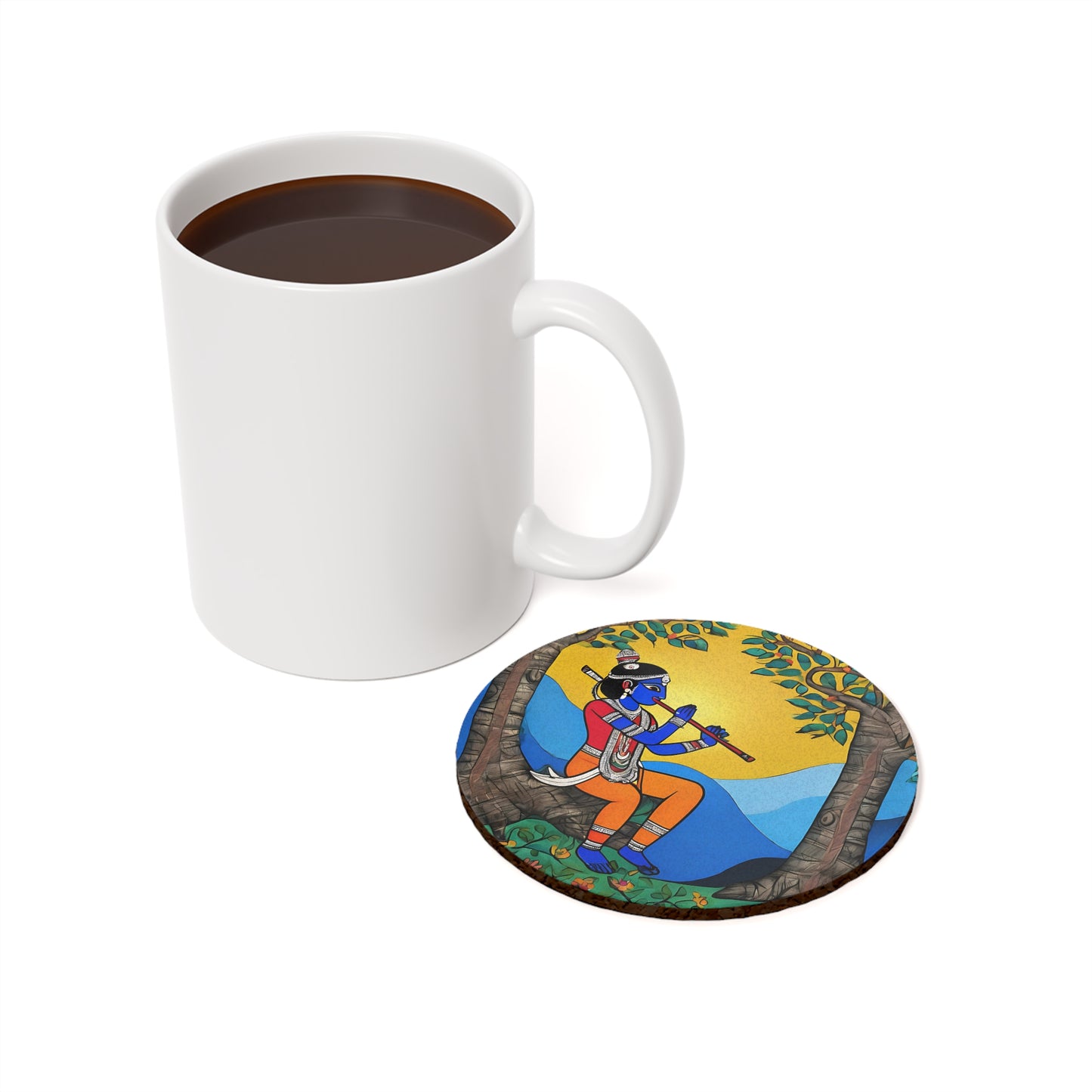 Madhubani Krishna Playing Flute – Coaster Set (Square & Round) | Artloom Gallery