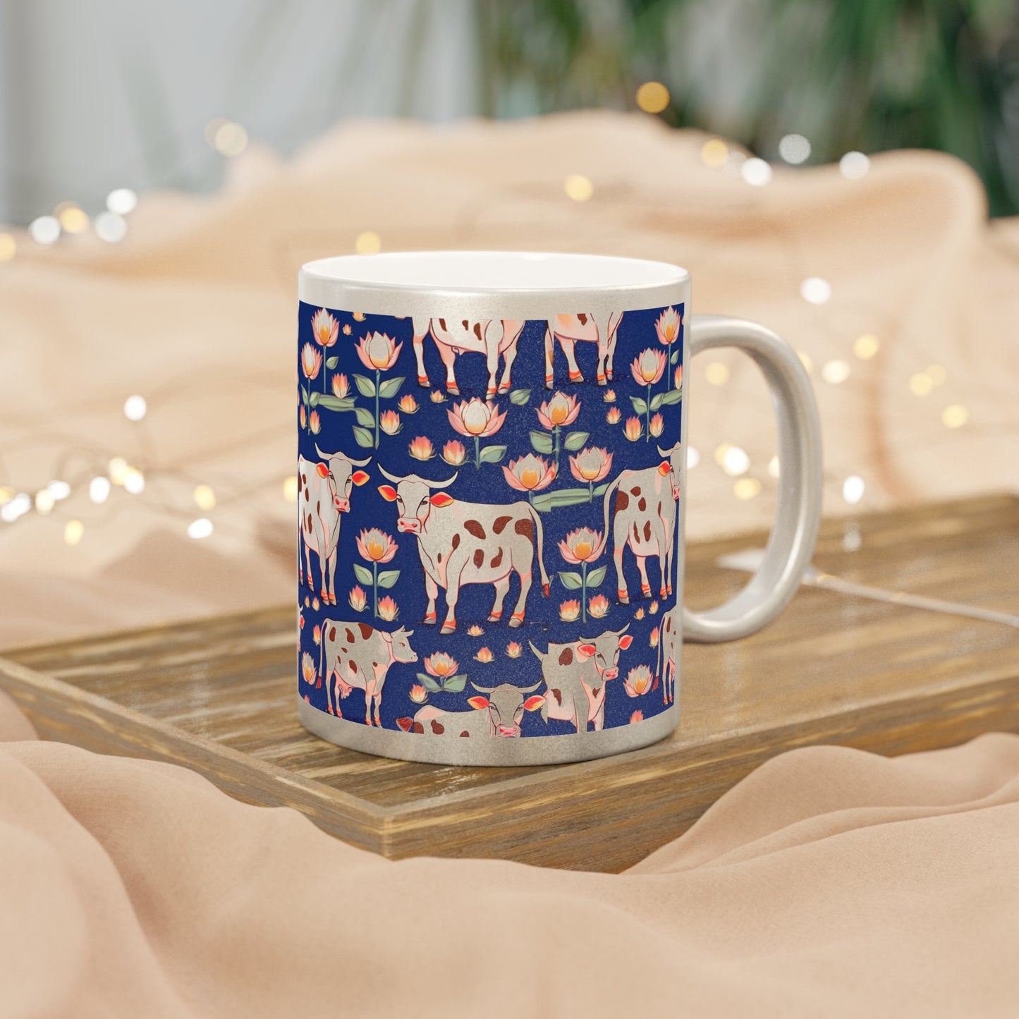 Pichwai Cows and Lotus – Metallic Coffee Mug (Gold/Silver, 11oz) | Artloom Gallery