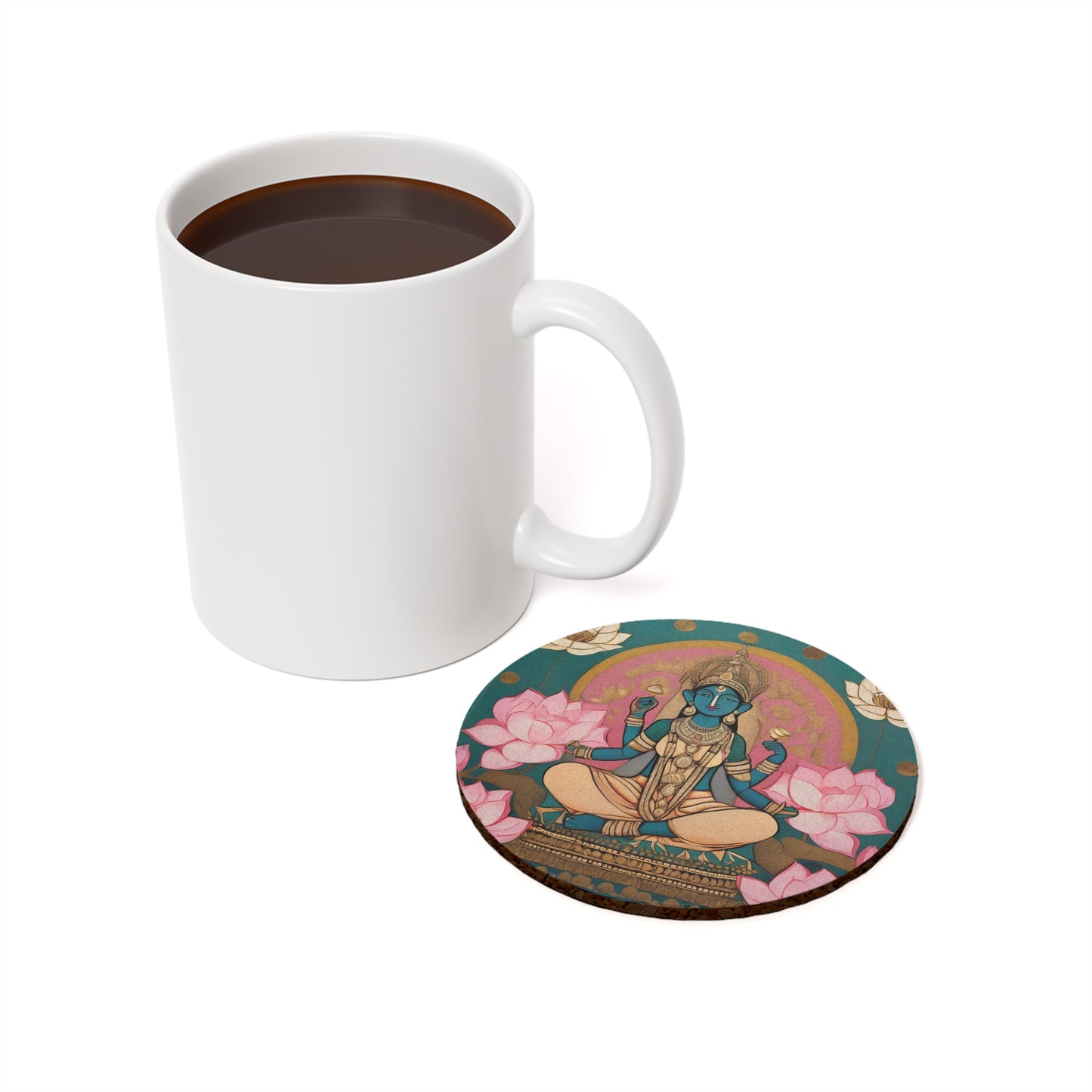 Goddess Lakshmi On Her Lotus Throne – Pichwai Deco Coaster Set (Square & Round) | Artloom Gallery