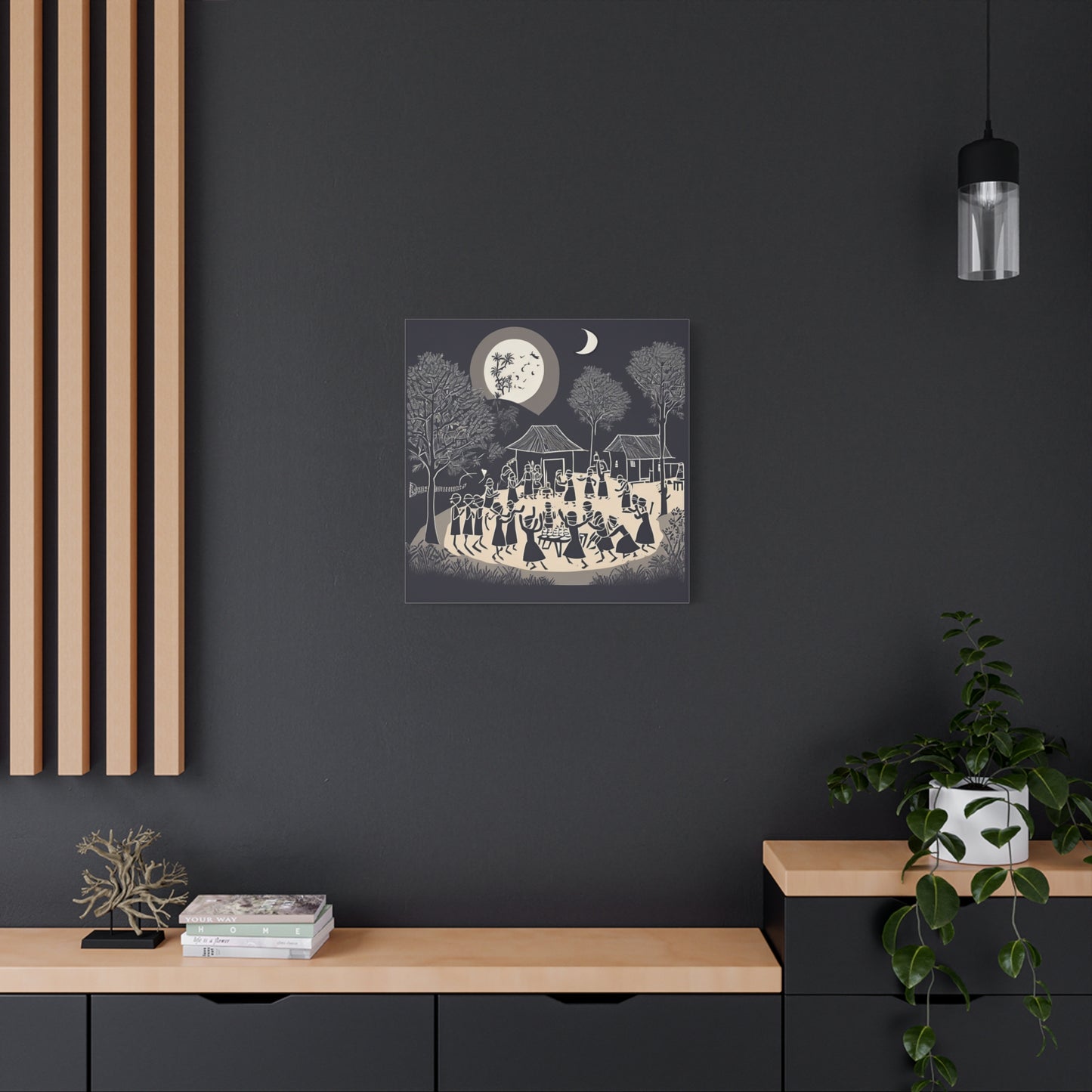 Village Celebration Under Moonlight – Monochrome  Warli Canvas Print | Rustic Indian Folk Art | Artloom Gallery