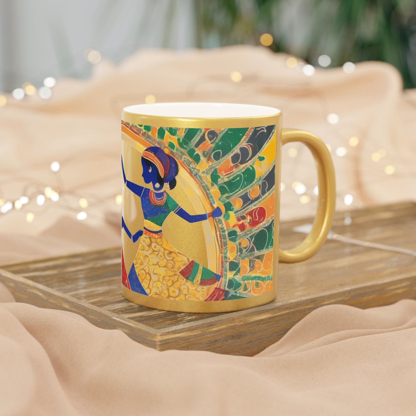 Warli Art Women Dancing Garba – Metallic Coffee Mug (Gold/Silver, 11oz) | Artloom Gallery