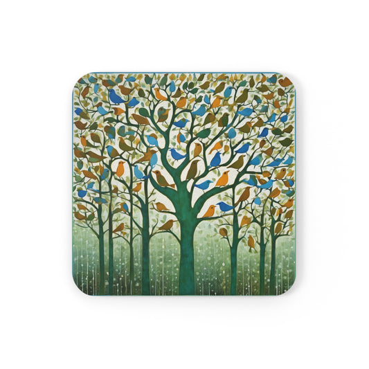 Gond Art – Birds Singing in the Rain | Coaster Set (Square & Round) | Artloom Gallery