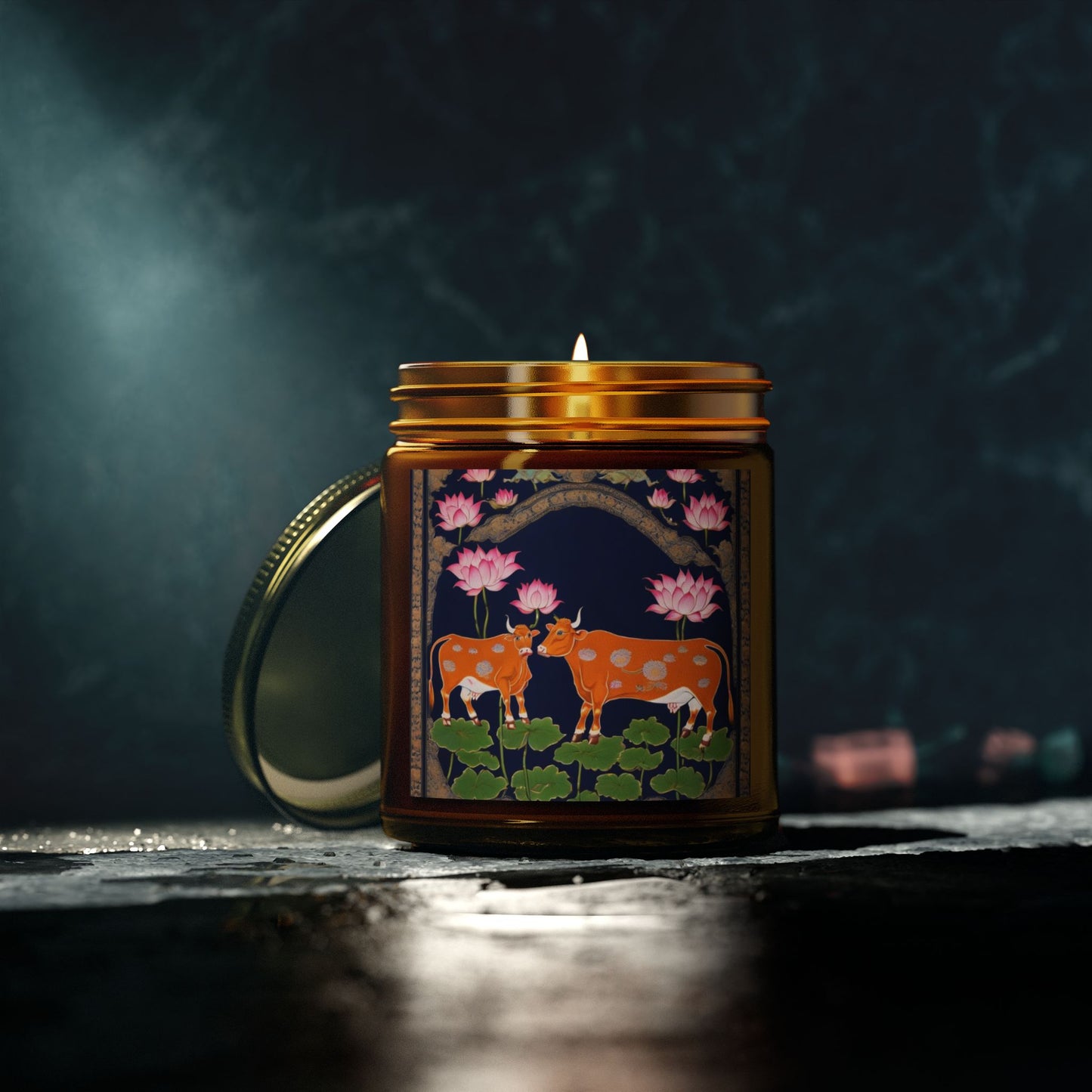 Cows and Lotus - Pichwai Art Scented Candle (4oz, 9oz) | Artloom Gallery