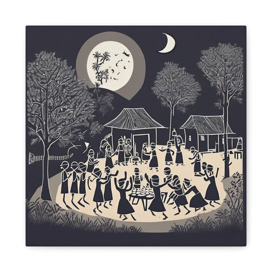 Village Celebration Under Moonlight – Monochrome  Warli Canvas Print | Rustic Indian Folk Art | Artloom Gallery