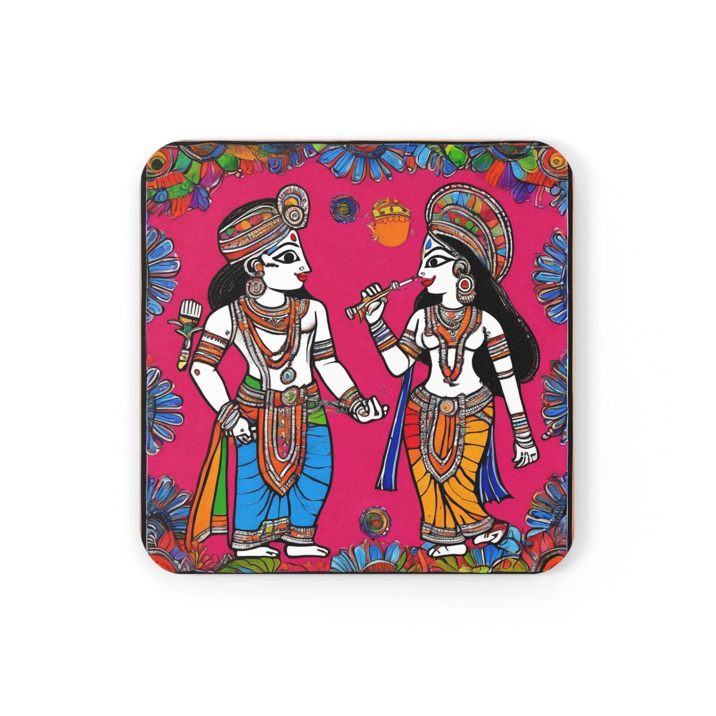 Radha Krishna in Pink – Madhubani Coaster Set (Square & Round) | Artloom Gallery