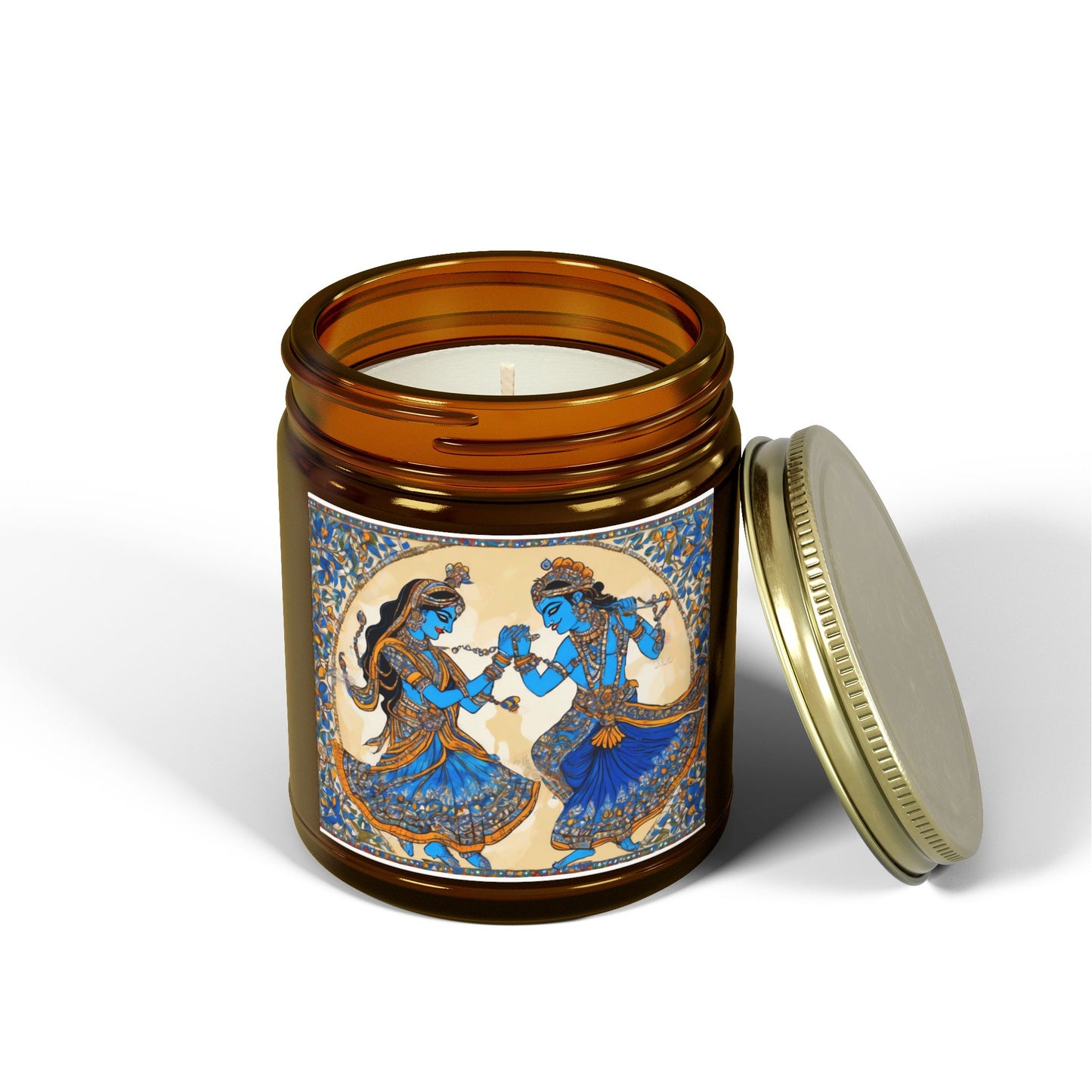 Dancing Radha Krishna - Kalamkari Art Scented Candle (4oz, 9oz) | Artloom Gallery