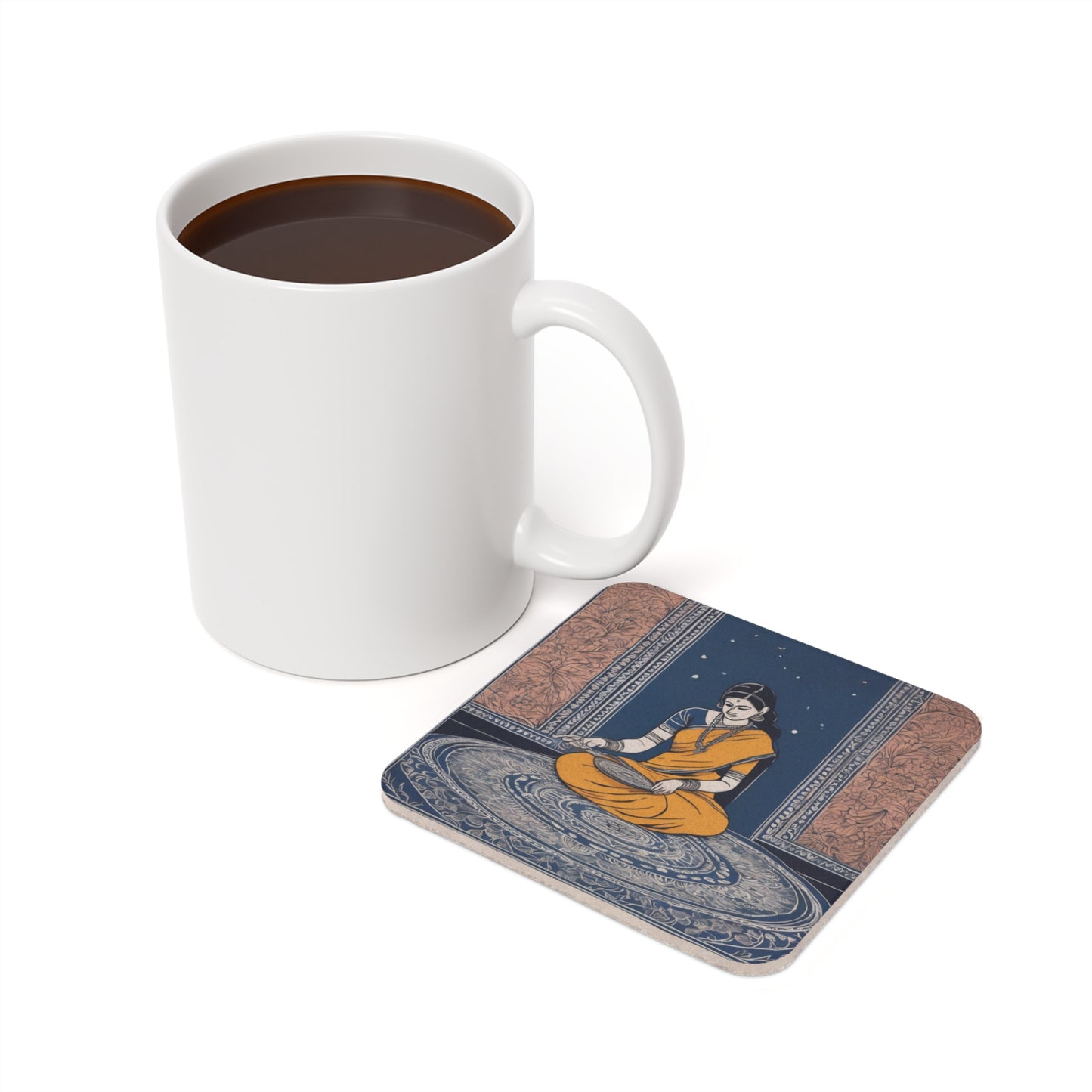 Woman Making Kolam Design – Kalamkari Coaster Set (Square & Round) | Artloom Gallery