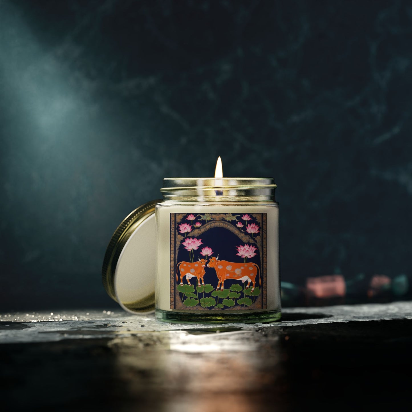 Cows and Lotus - Pichwai Art Scented Candle (4oz, 9oz) | Artloom Gallery
