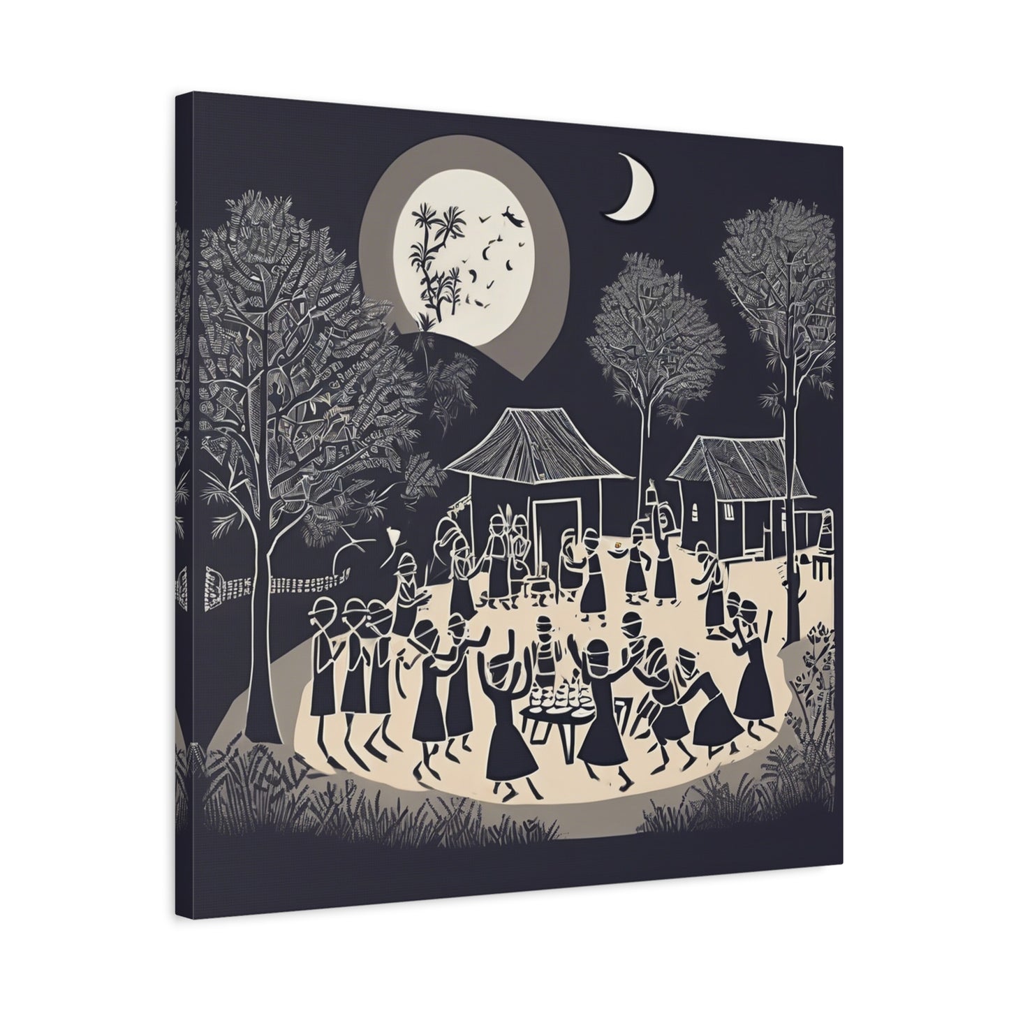 Village Celebration Under Moonlight – Monochrome  Warli Canvas Print | Rustic Indian Folk Art | Artloom Gallery