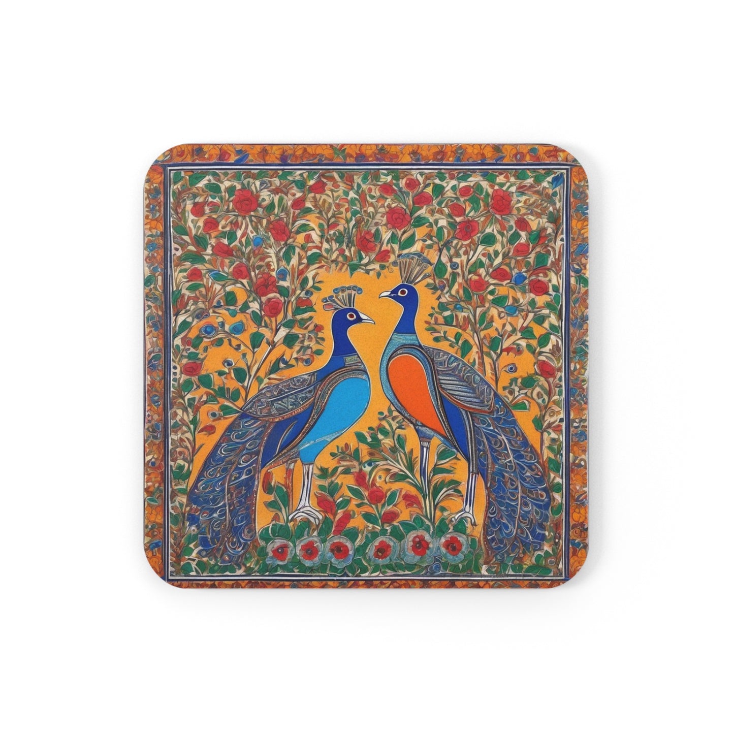 Peacocks And Flowers – Madhubani Deco Coaster Set (Square & Round) | Artloom Gallery