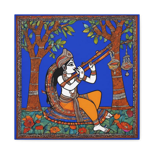 Krishna with Flute – Madhubani Home Décor Masterpiece Canvas Wall Art | Artloom Gallery
