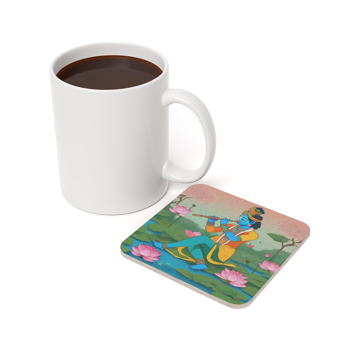 Krishna’s Lotus Pond – Pichwai Coaster Set (Square & Round) | Artloom Gallery
