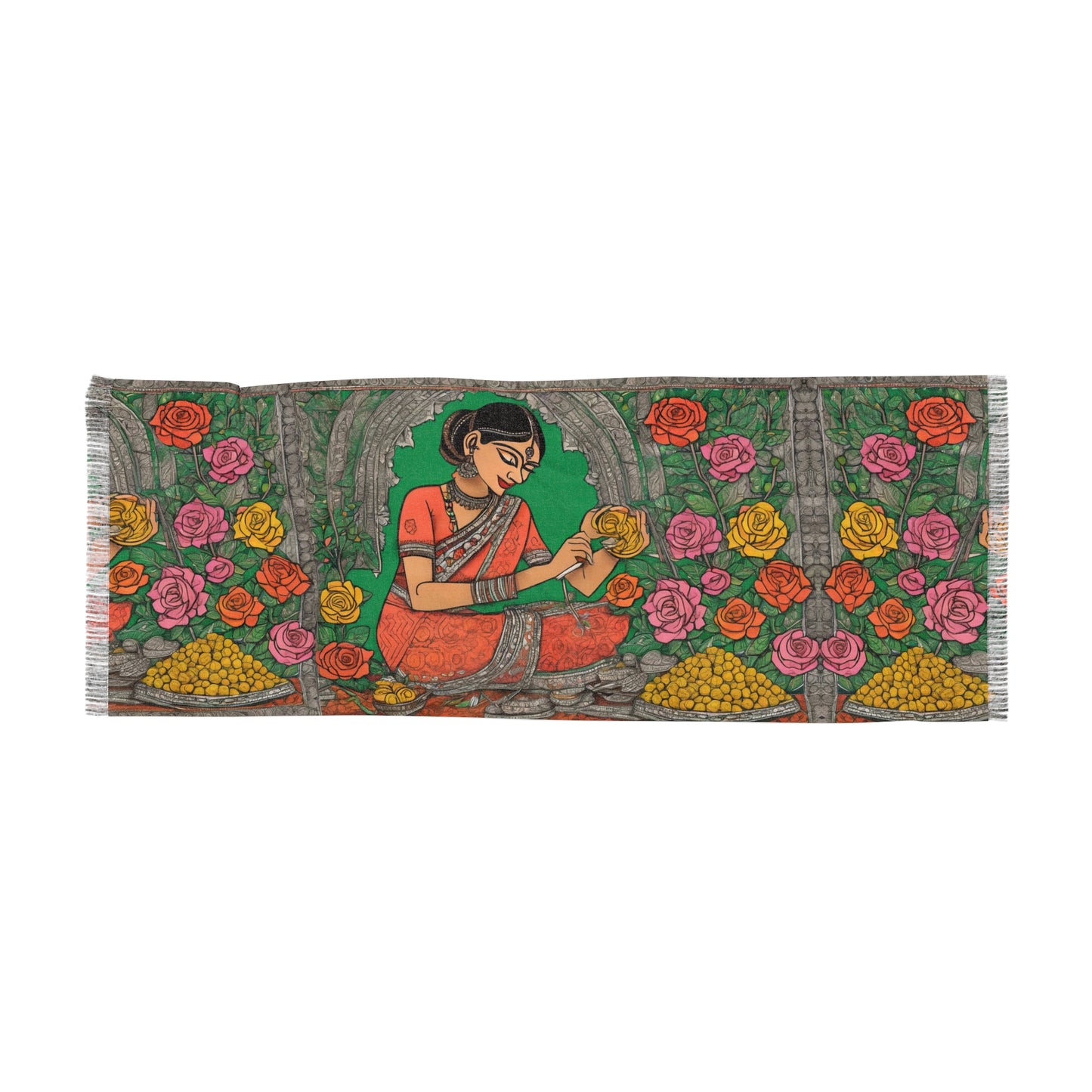 Woman Arranging Flowers Kalamkari Painting – Light Scarf (27x71 in) | Artloom Gallery