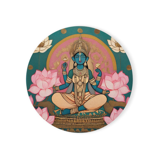 Goddess Lakshmi On Her Lotus Throne – Pichwai Deco Coaster Set (Square & Round) | Artloom Gallery