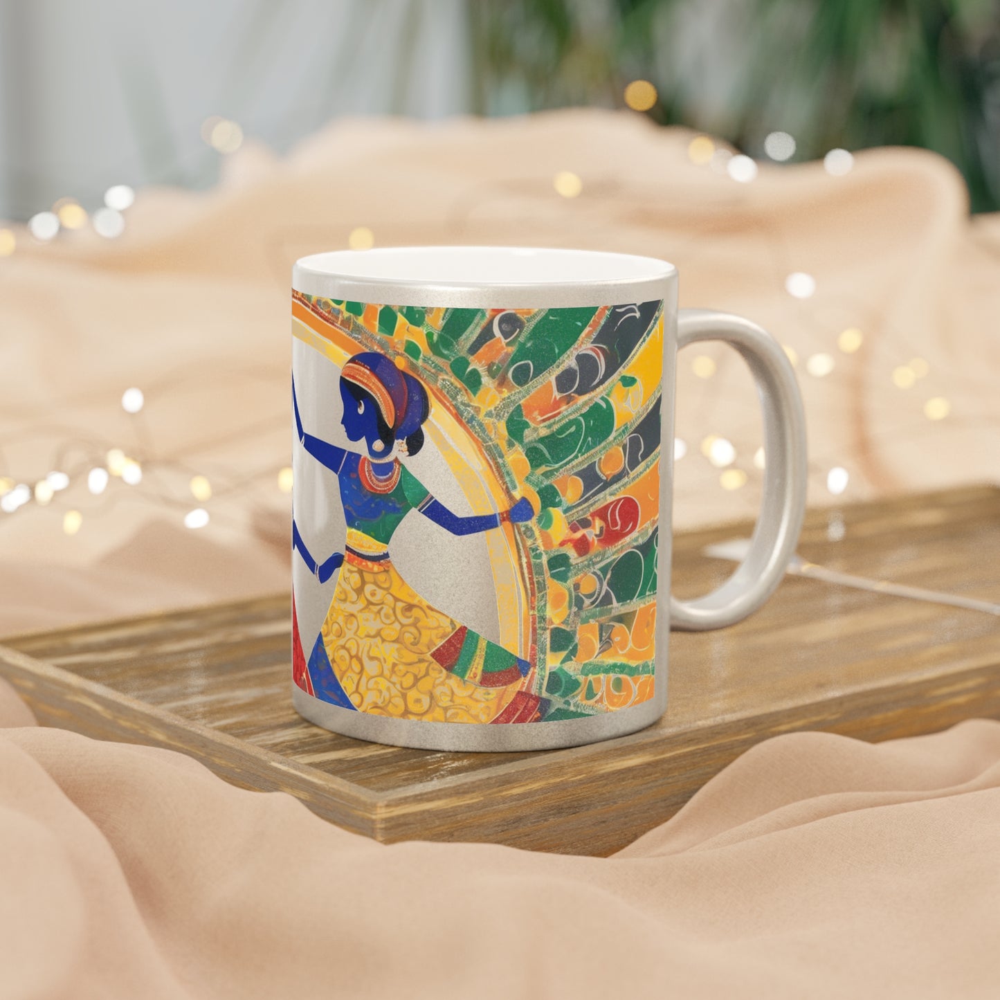 Warli Art Women Dancing Garba – Metallic Coffee Mug (Gold/Silver, 11oz) | Artloom Gallery