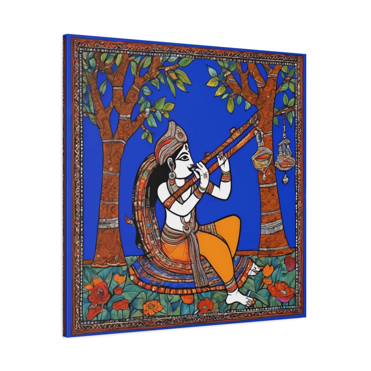 Krishna with Flute – Madhubani Home Décor Masterpiece Canvas Wall Art | Artloom Gallery