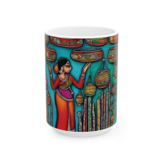 Coffee Mug - Kalamkari Art of a Bustling Bazaar Shop