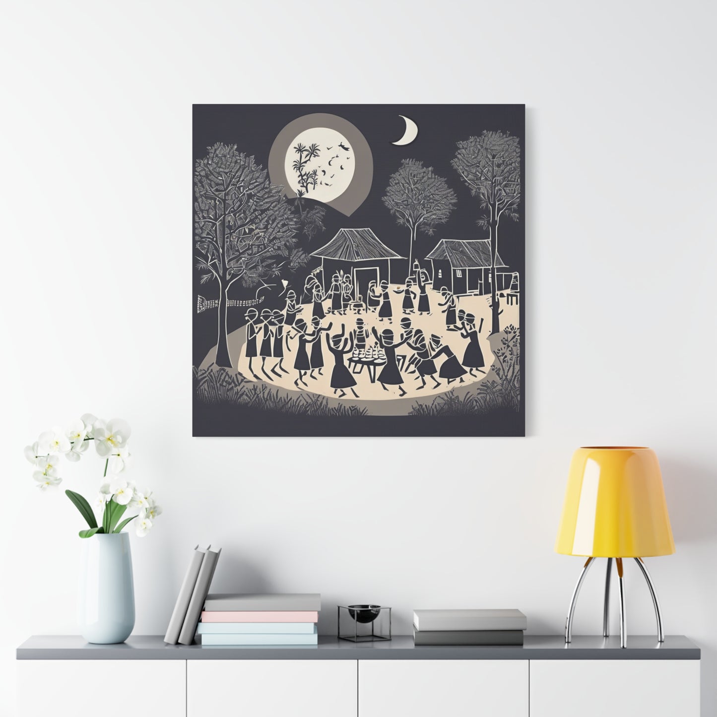 Village Celebration Under Moonlight – Monochrome  Warli Canvas Print | Rustic Indian Folk Art | Artloom Gallery