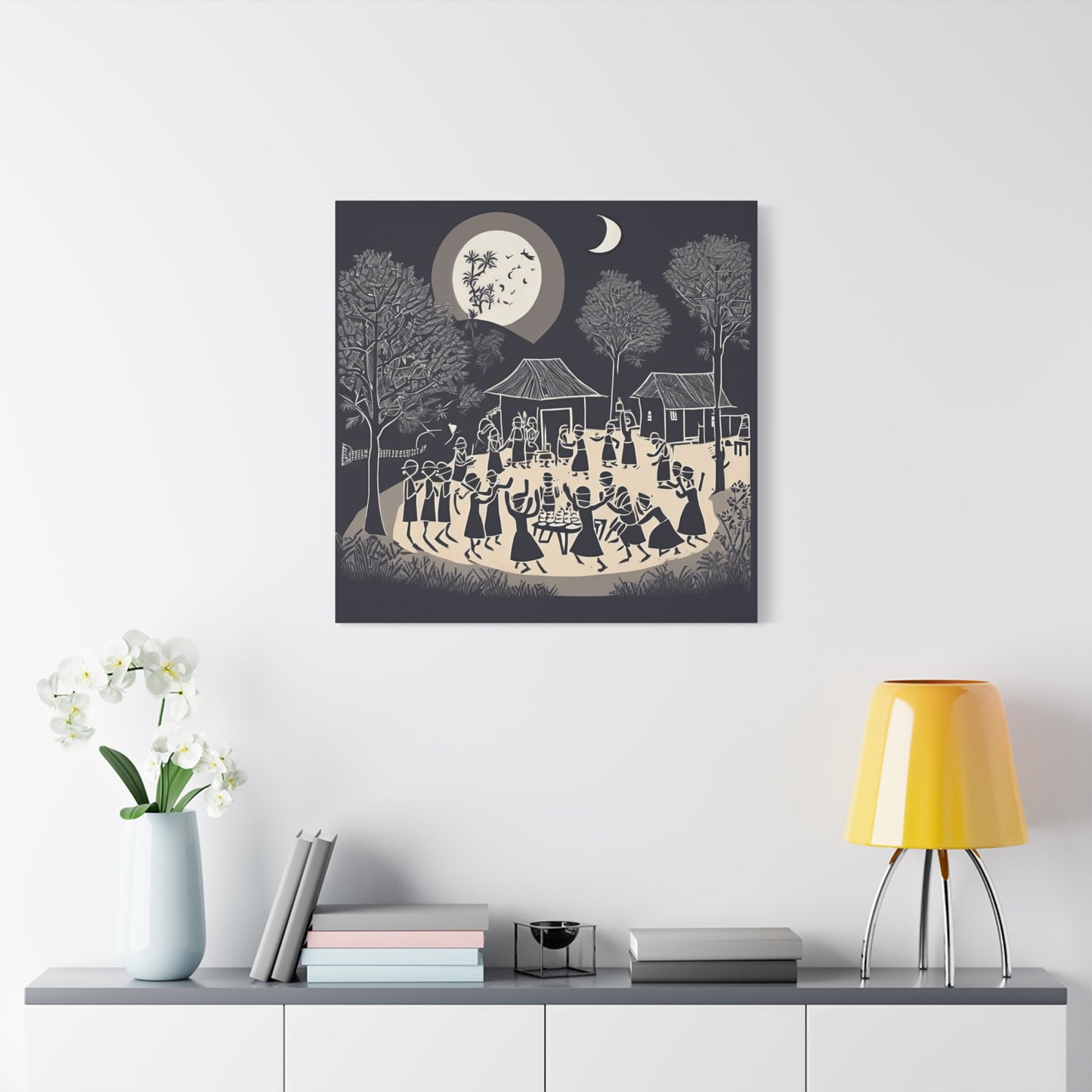 Village Celebration Under Moonlight – Monochrome  Warli Canvas Print | Rustic Indian Folk Art | Artloom Gallery
