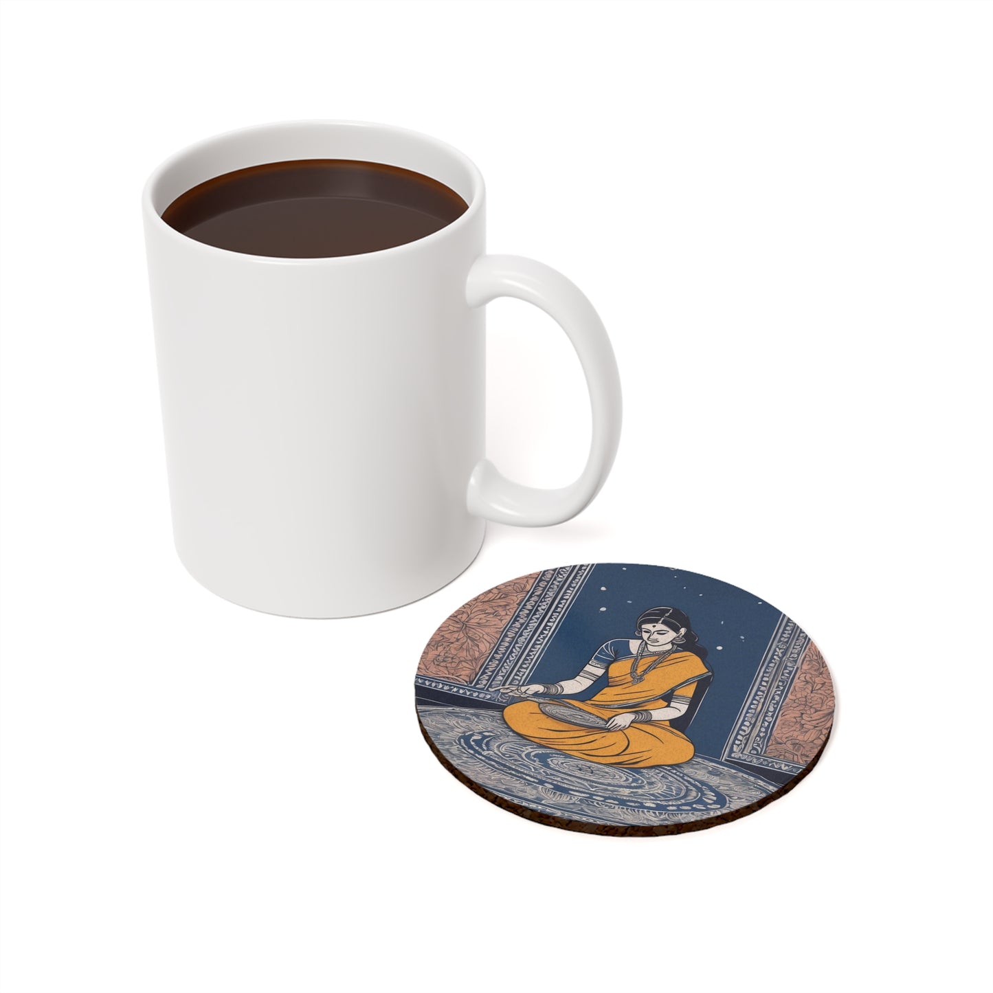 Woman Making Kolam Design – Kalamkari Coaster Set (Square & Round) | Artloom Gallery