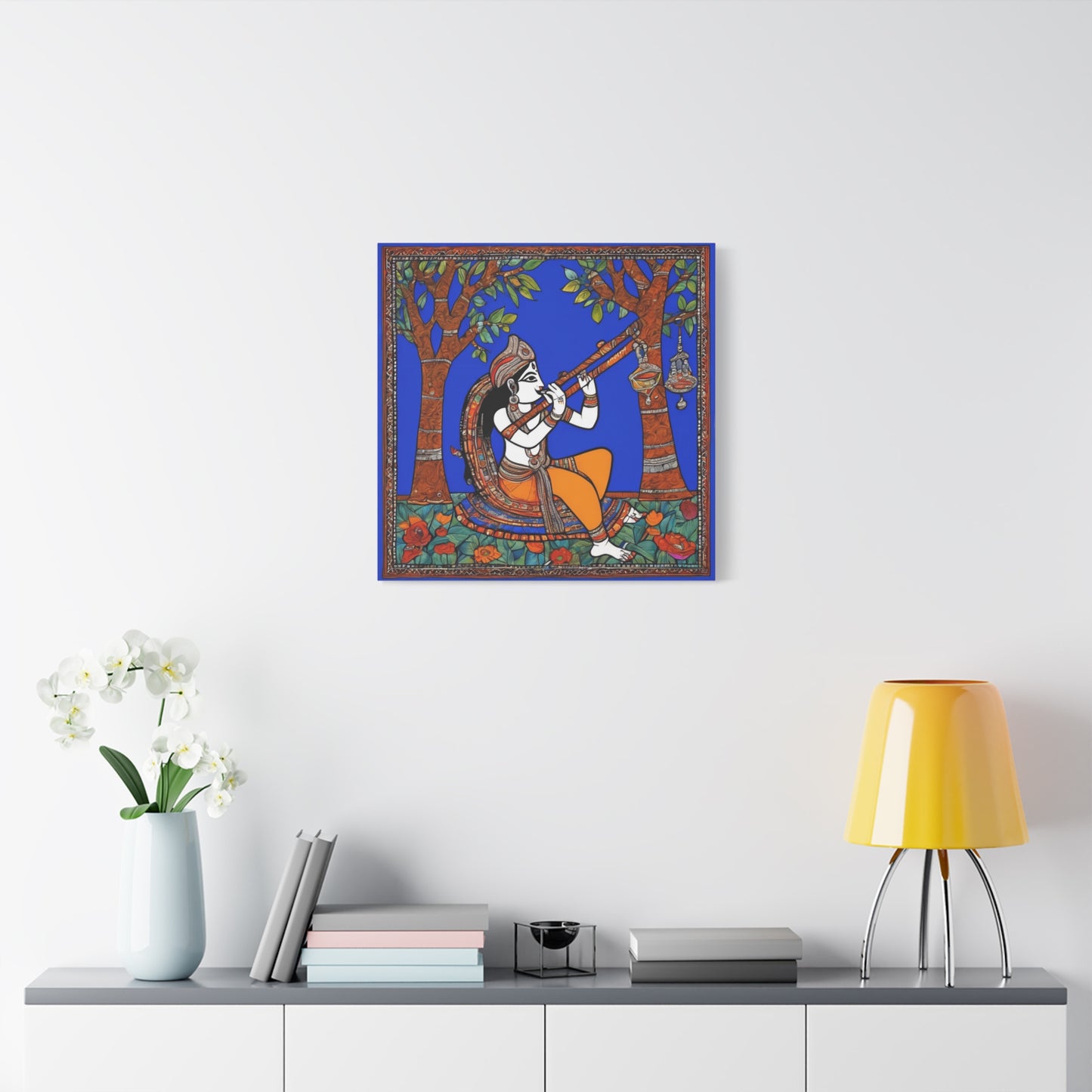 Krishna with Flute – Madhubani Home Décor Masterpiece Canvas Wall Art | Artloom Gallery