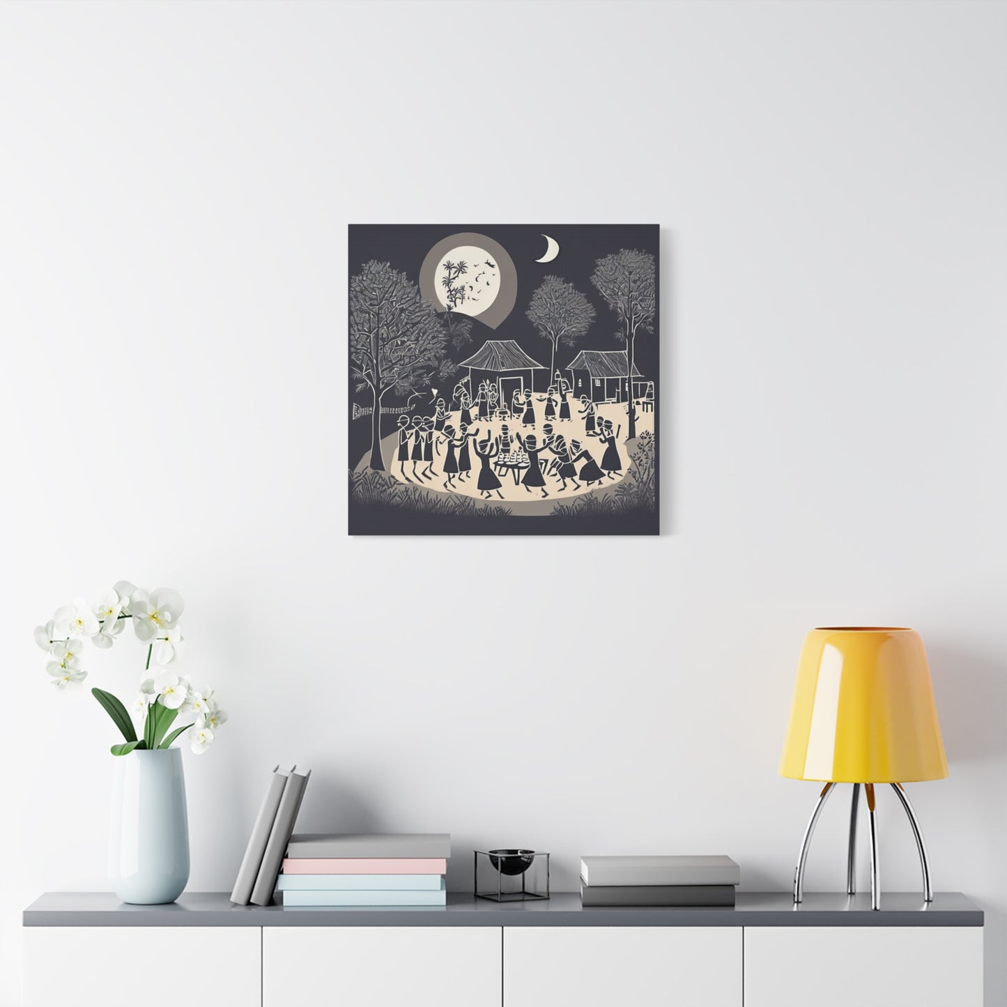Village Celebration Under Moonlight – Monochrome  Warli Canvas Print | Rustic Indian Folk Art | Artloom Gallery