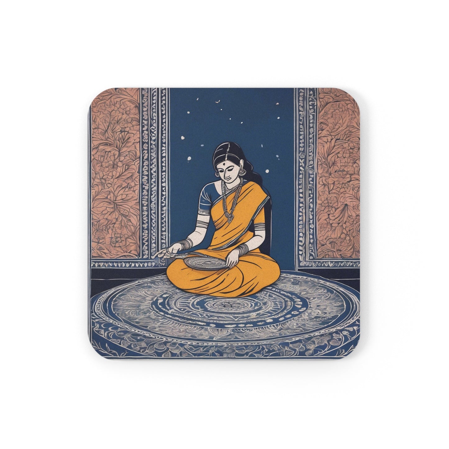 Woman Making Kolam Design – Kalamkari Coaster Set (Square & Round) | Artloom Gallery