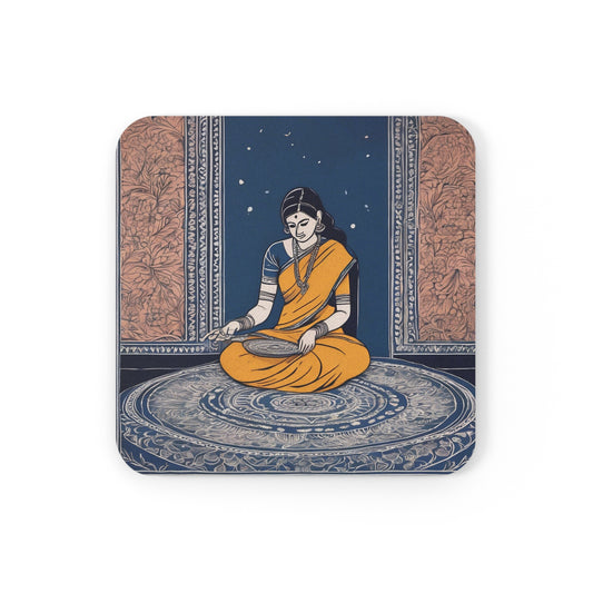 Woman Making Kolam Design – Kalamkari Coaster Set (Square & Round) | Artloom Gallery