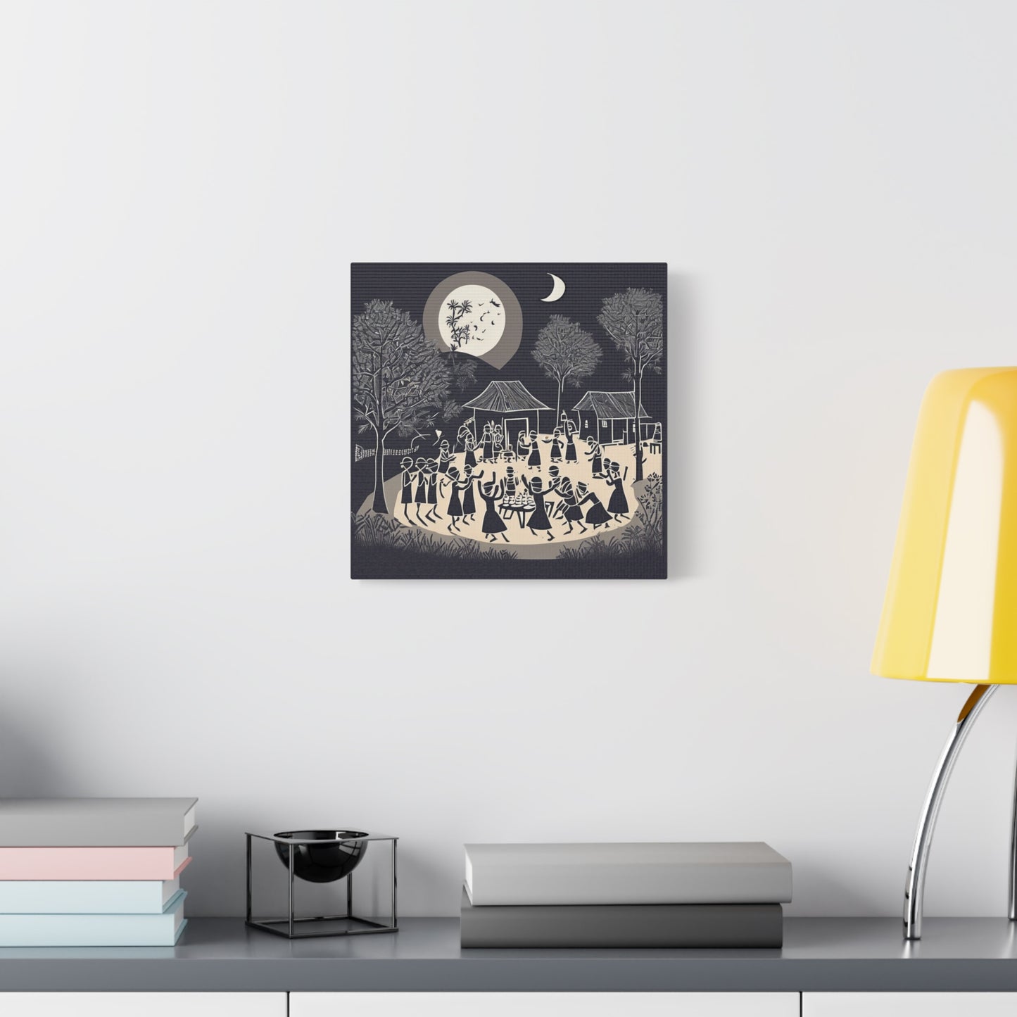 Village Celebration Under Moonlight – Monochrome  Warli Canvas Print | Rustic Indian Folk Art | Artloom Gallery