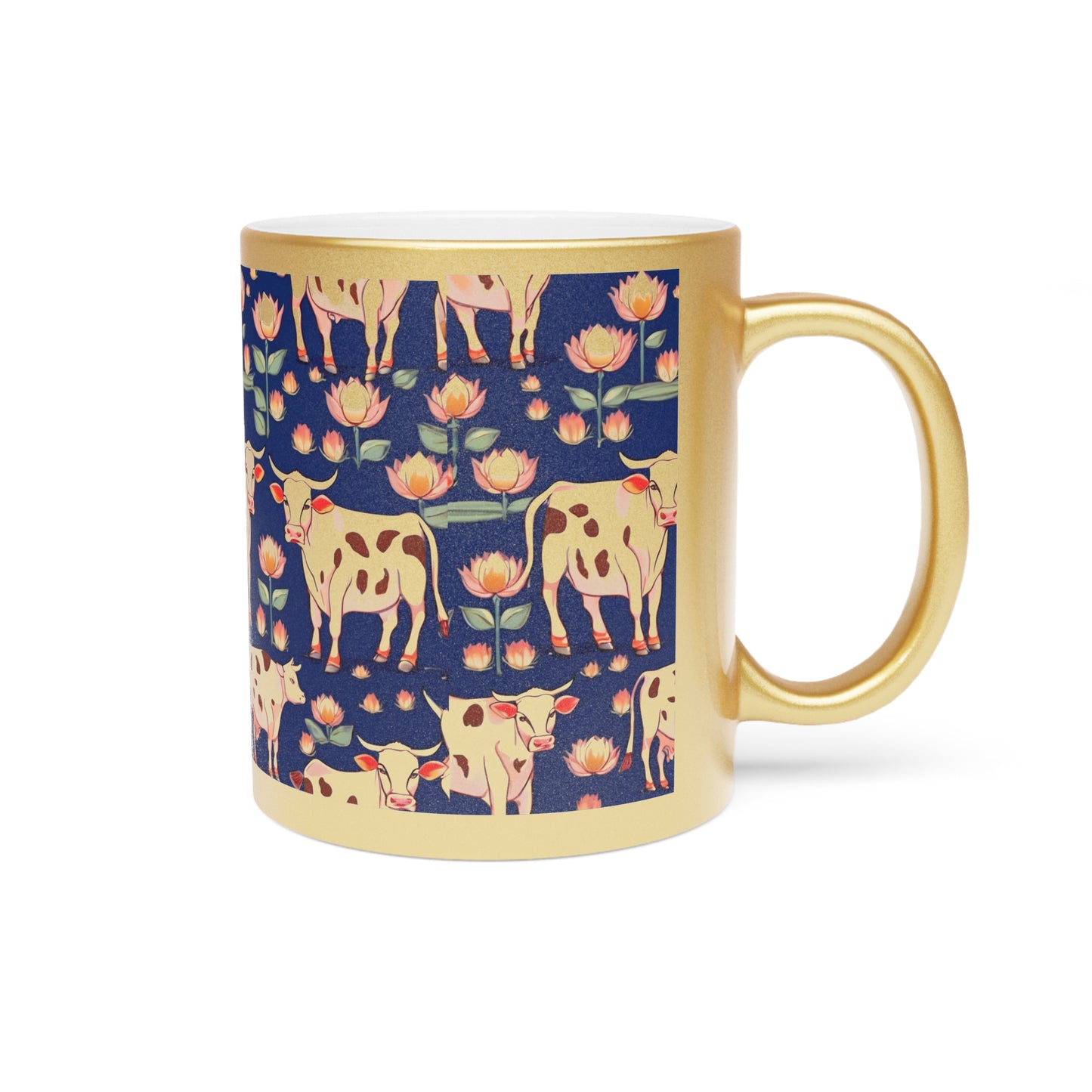Pichwai Cows and Lotus – Metallic Coffee Mug (Gold/Silver, 11oz) | Artloom Gallery