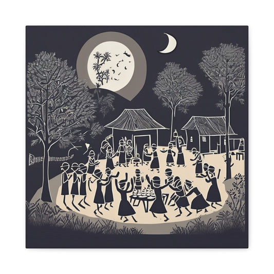 Village Celebration Under Moonlight – Monochrome  Warli Canvas Print | Rustic Indian Folk Art | Artloom Gallery