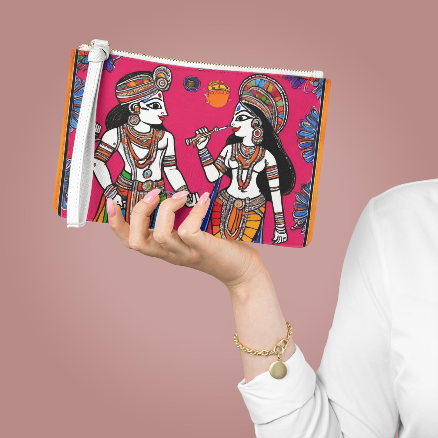 Madhubani Art – Radha Krishna in Pink | Elegant Clutch Bag | Artloom Gallery