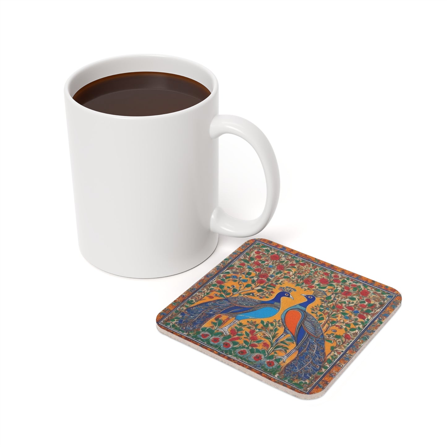 Peacocks And Flowers – Madhubani Deco Coaster Set (Square & Round) | Artloom Gallery