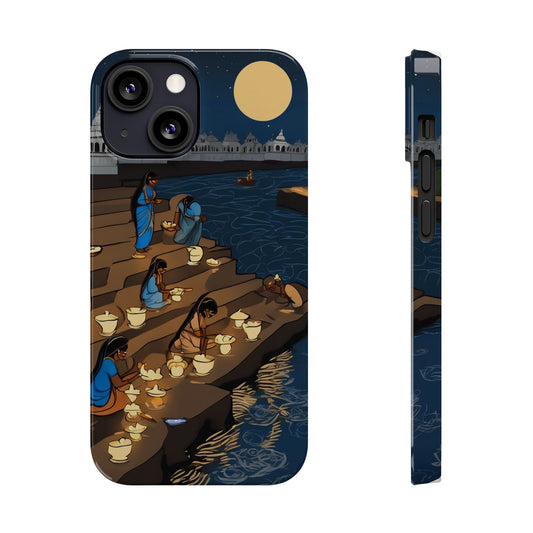 River Ghat on a Full Moon Night Slim Phone Case | Artloom Gallery