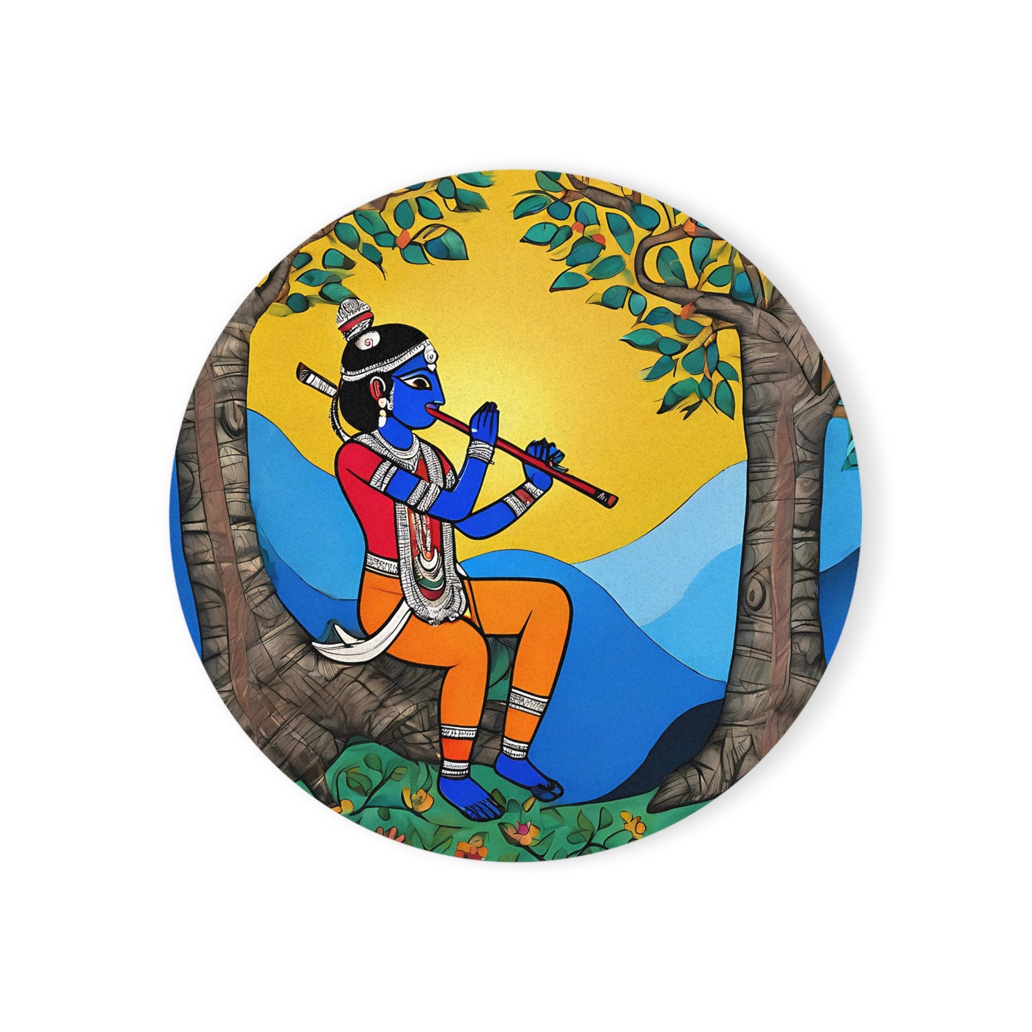 Madhubani Krishna Playing Flute – Coaster Set (Square & Round) | Artloom Gallery