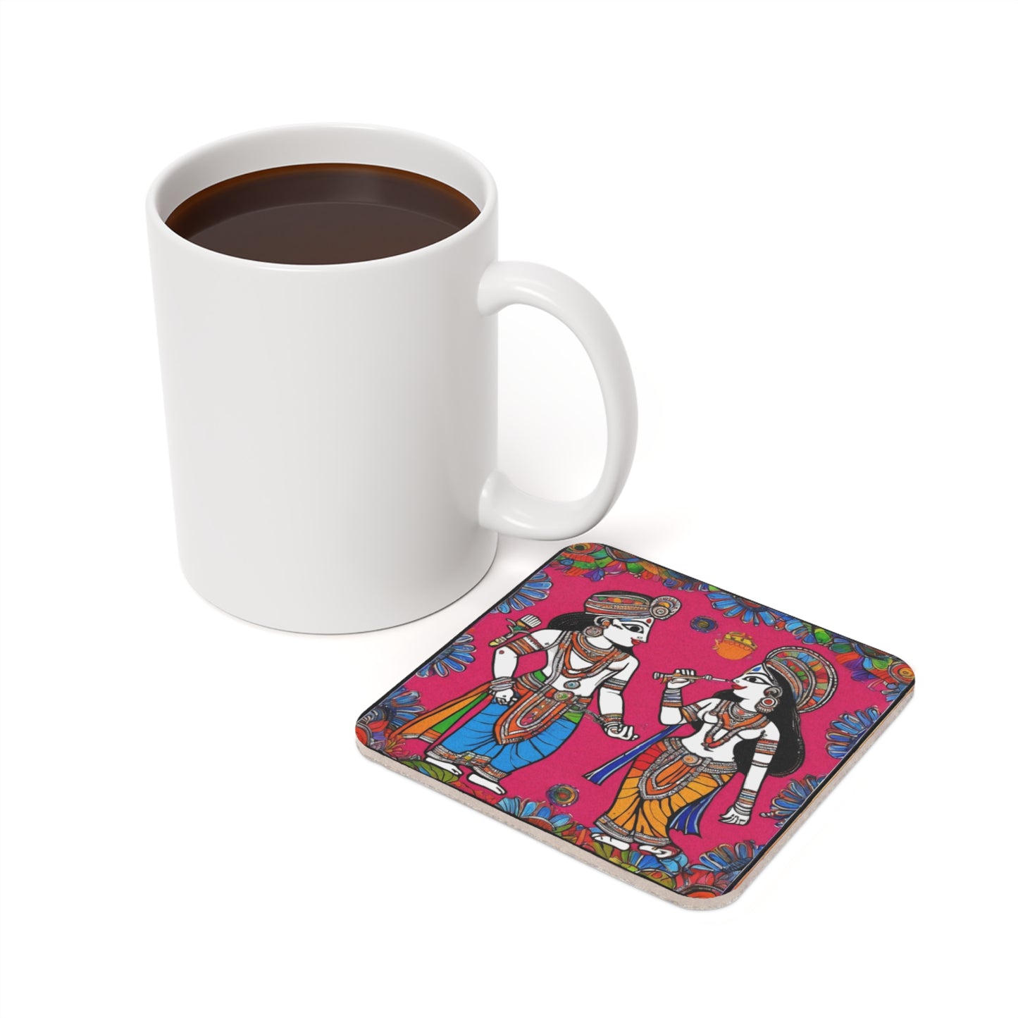 Radha Krishna in Pink – Madhubani Coaster Set (Square & Round) | Artloom Gallery