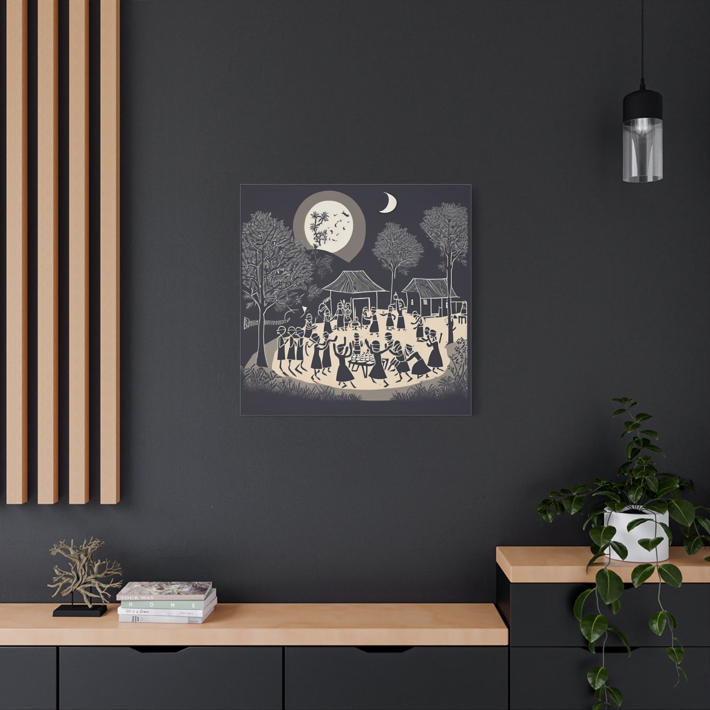 Village Celebration Under Moonlight – Monochrome  Warli Canvas Print | Rustic Indian Folk Art | Artloom Gallery