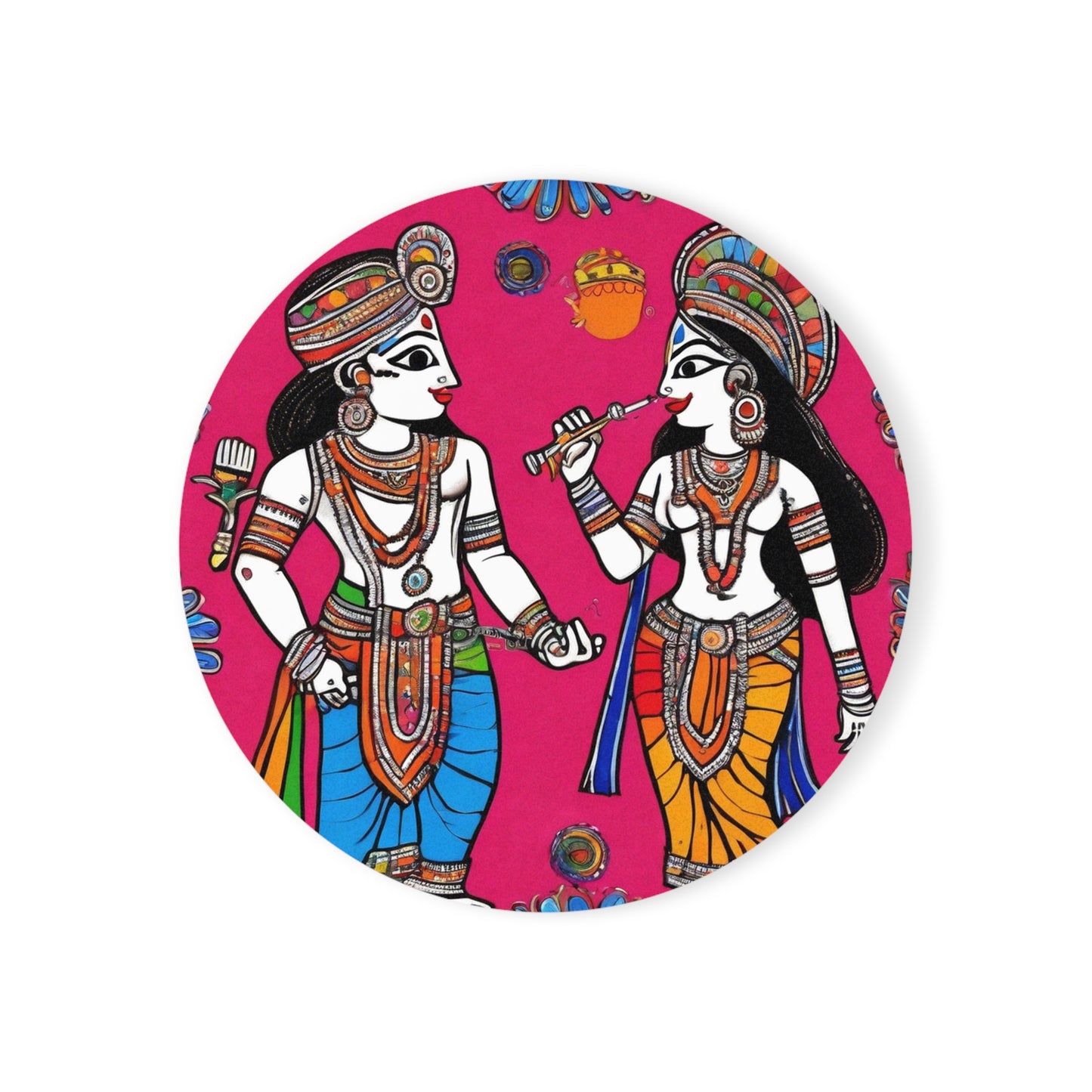Radha Krishna in Pink – Madhubani Coaster Set (Square & Round) | Artloom Gallery