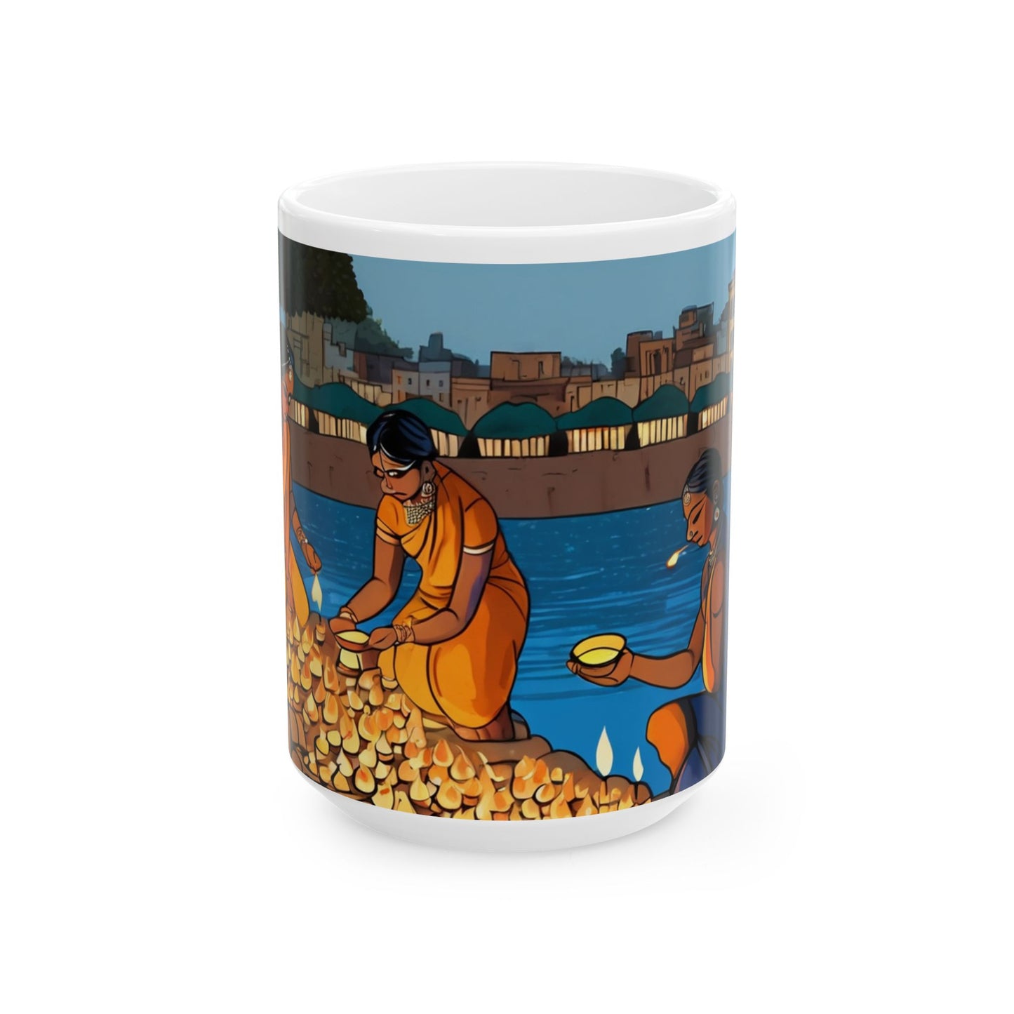 Festive Diwali Mug – Riverbank Diyas Design (11oz/15oz) | Artloom Gallery